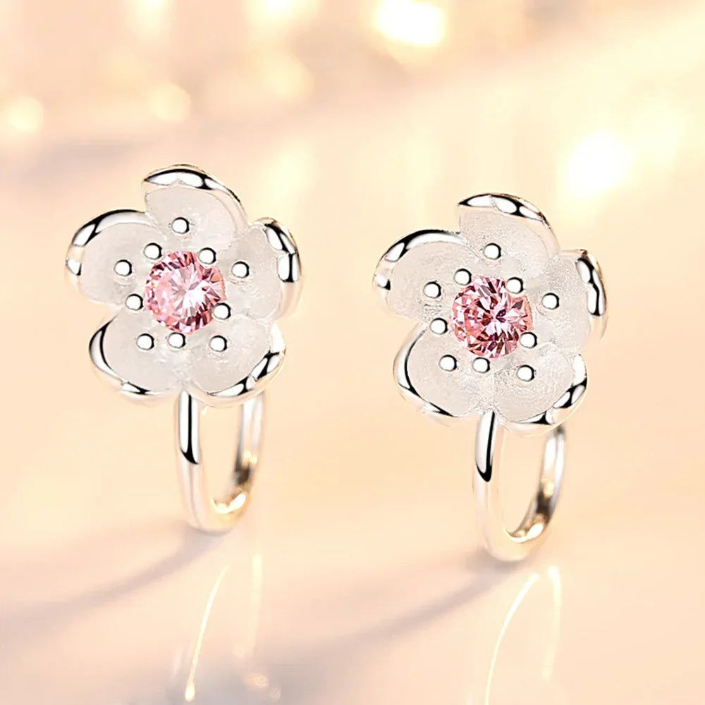 Korea Style Crystal Cherry Blossom Flower Clip on Earrings Without Piercing for Girls Party Sweet 925 Silver No Hole Ear Clip - ZOOMNSTORE