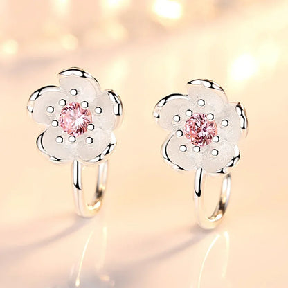 Korea Style Crystal Cherry Blossom Flower Clip on Earrings Without Piercing for Girls Party Sweet 925 Silver No Hole Ear Clip - ZOOMNSTORE