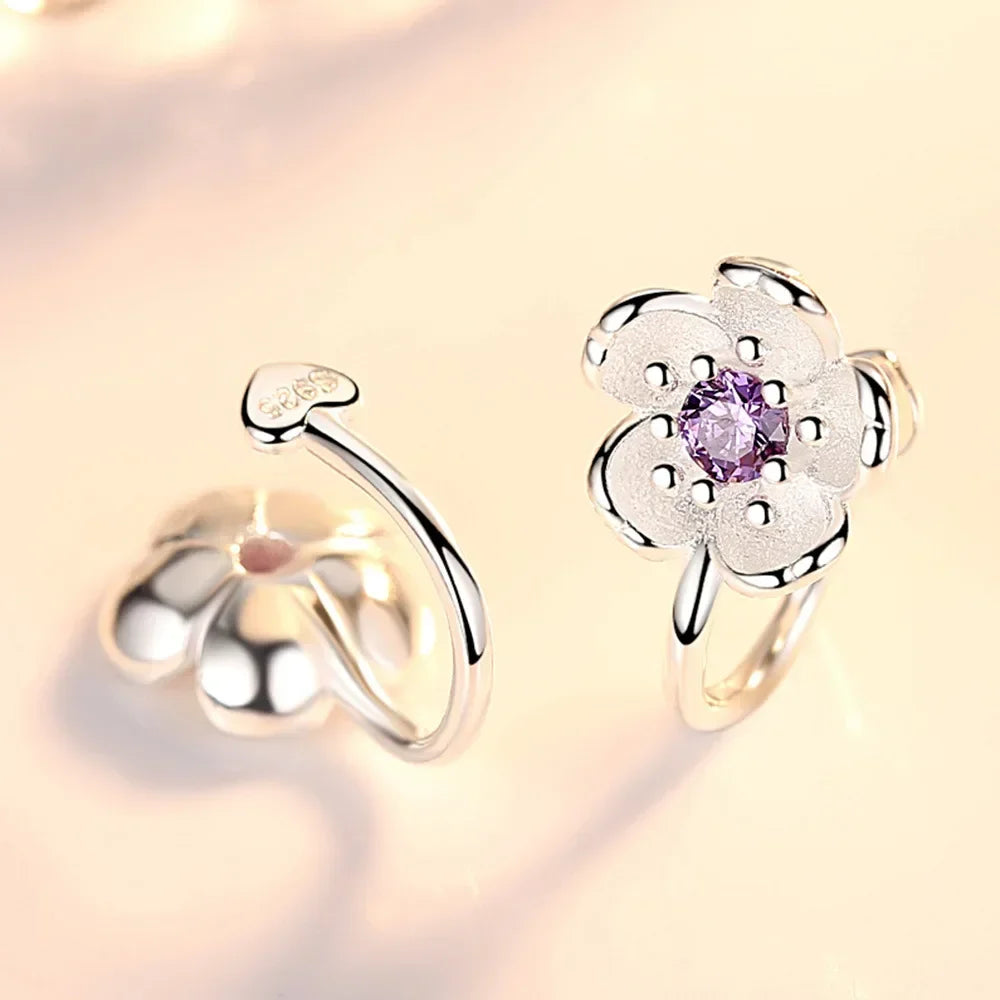 Korea Style Crystal Cherry Blossom Flower Clip on Earrings Without Piercing for Girls Party Sweet 925 Silver No Hole Ear Clip - ZOOMNSTORE