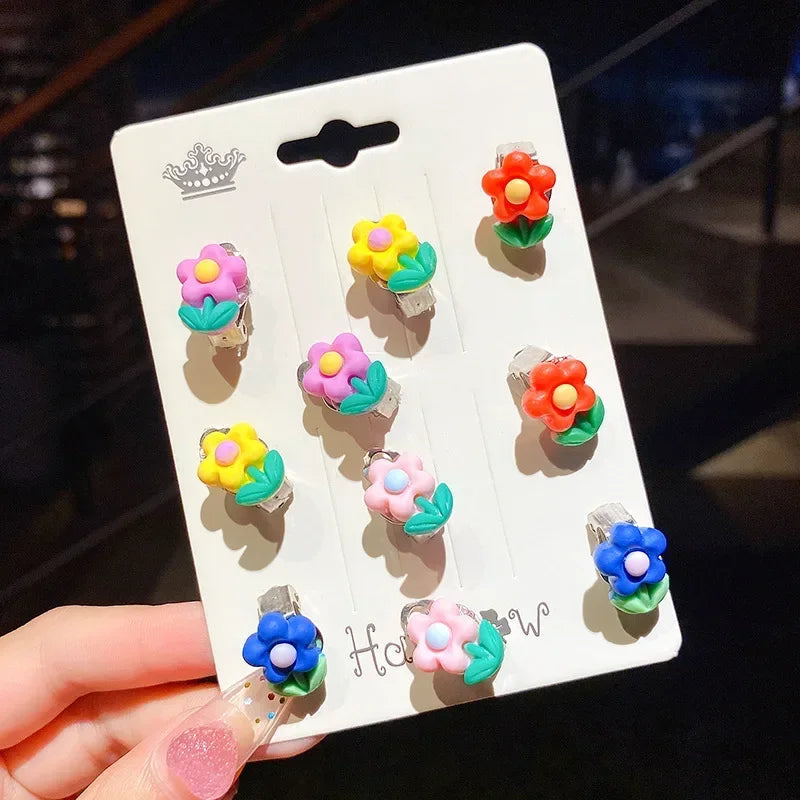 Cute Flower Ear Clips - 10pcs Girls Earrings No Ear Hole Jewelry for Kids - ZOOMNSTORE