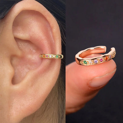 Clip On Earrings - Geometric Rainbow Cubic Zirconia Cuff Wrap Ear Cartilage Clips - ZOOMNSTORE