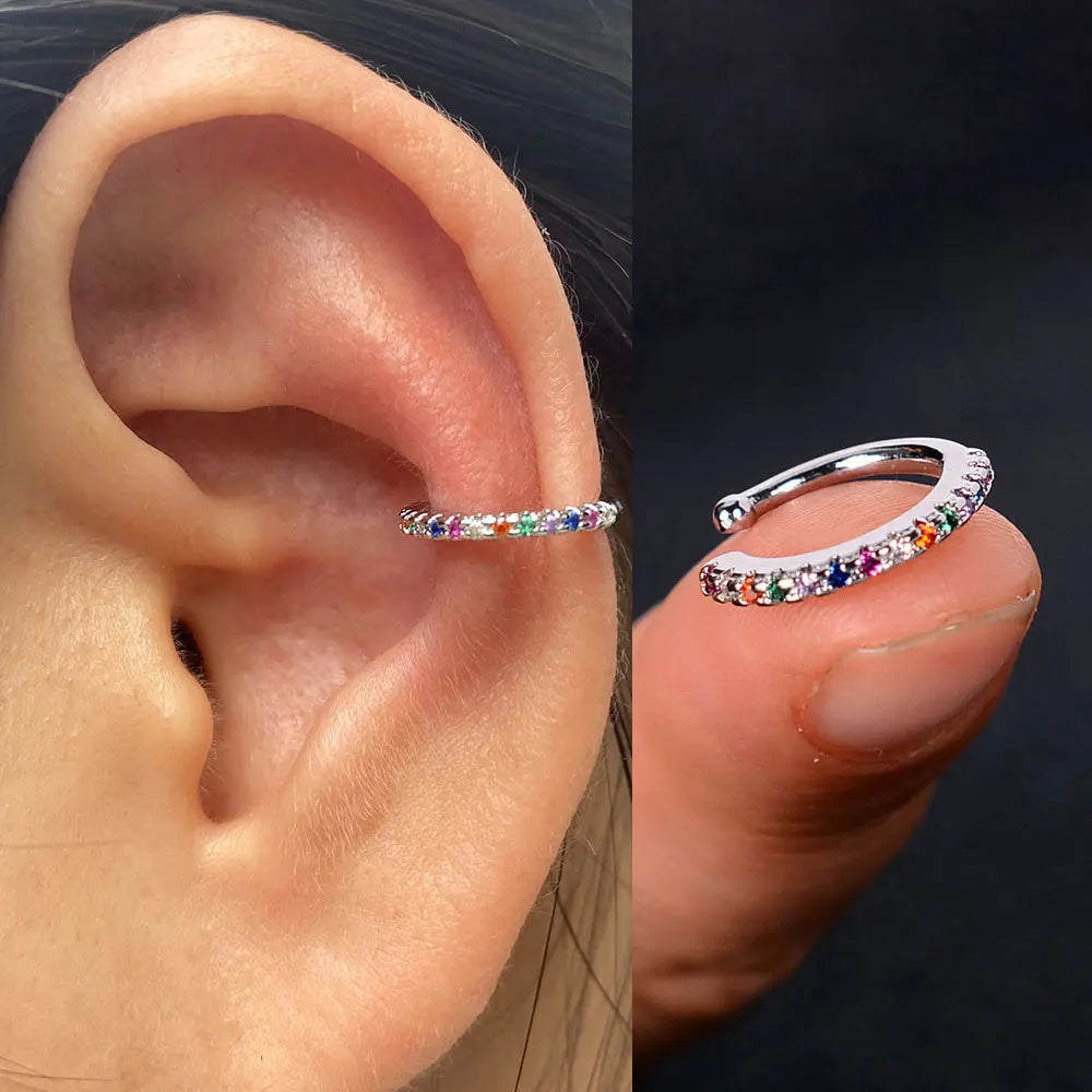 Clip On Earrings - Geometric Rainbow Cubic Zirconia Cuff Wrap Ear Cartilage Clips - ZOOMNSTORE
