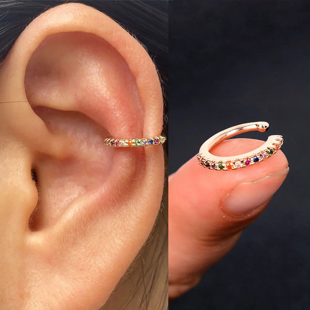 Clip On Earrings - Geometric Rainbow Cubic Zirconia Cuff Wrap Ear Cartilage Clips - ZOOMNSTORE
