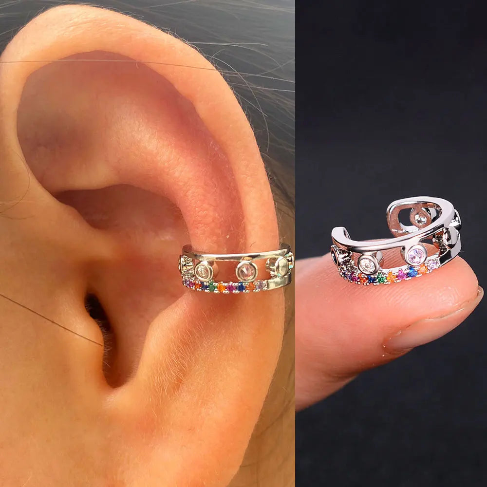 Clip On Earrings - Geometric Rainbow Cubic Zirconia Cuff Wrap Ear Cartilage Clips - ZOOMNSTORE