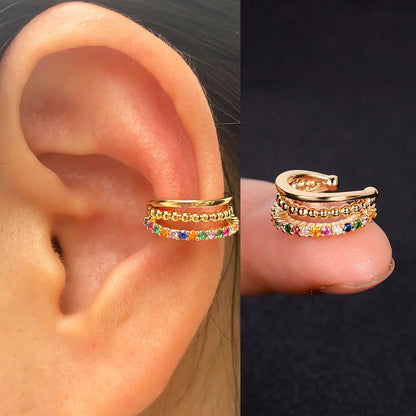 Clip On Earrings - Geometric Rainbow Cubic Zirconia Cuff Wrap Ear Cartilage Clips - ZOOMNSTORE