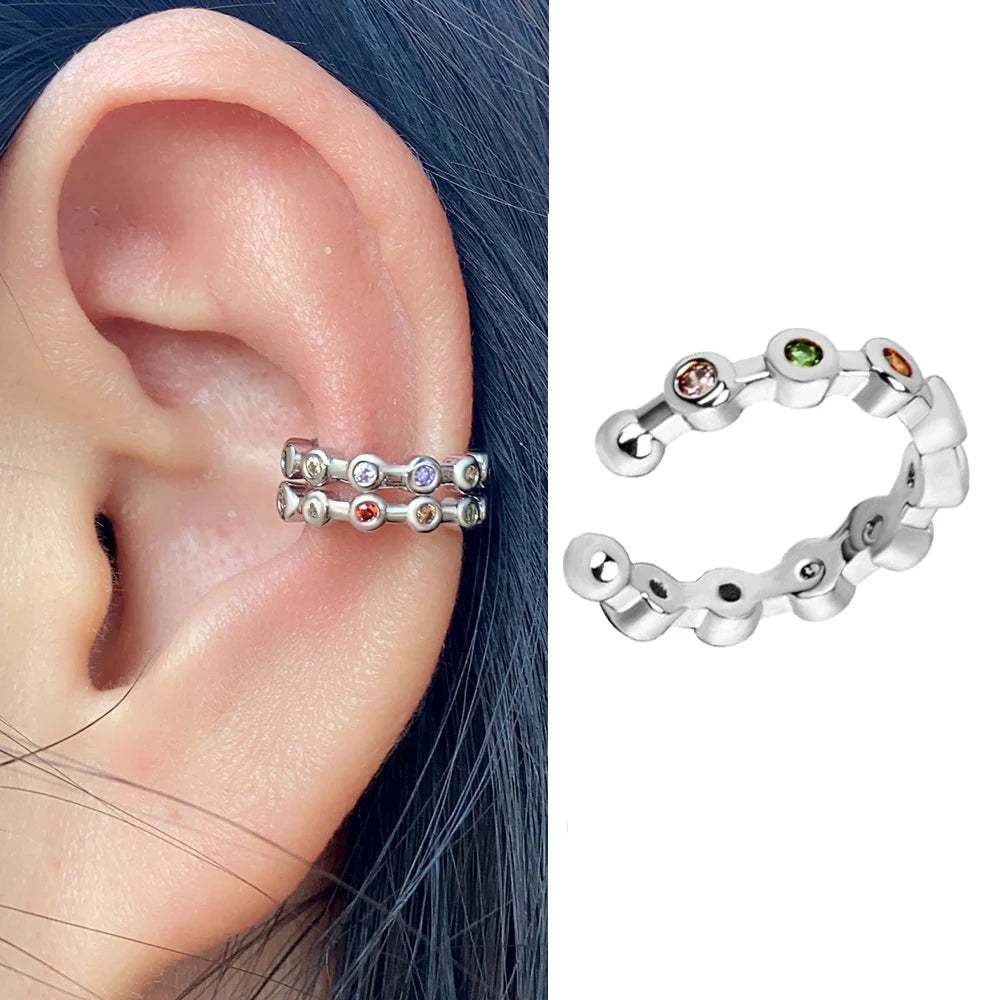 Clip On Earrings - Geometric Rainbow Cubic Zirconia Cuff Wrap Ear Cartilage Clips - ZOOMNSTORE