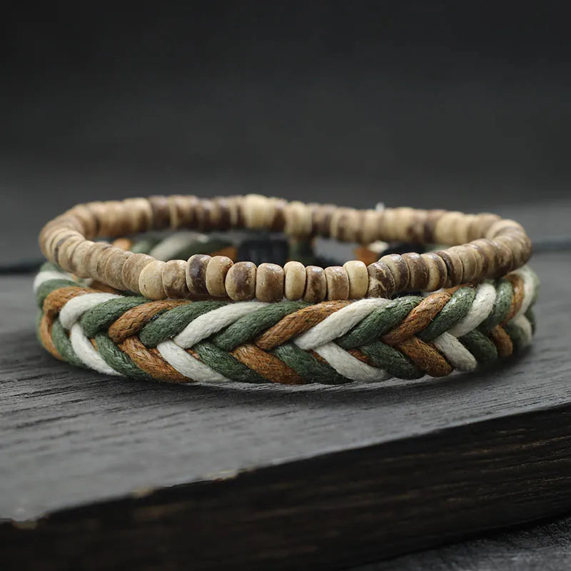 Coconut Husk Wood Bracelet Set - Handmade Mens Lava  Tiger Eye Beaded Jewelry - ZOOMNSTORE