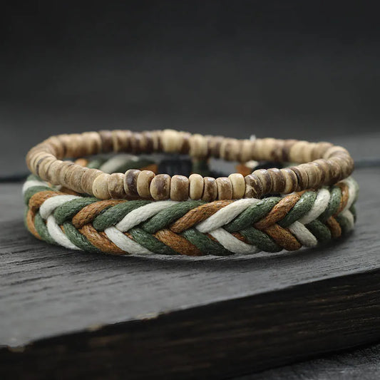 Coconut Husk Wood Bracelet Set - Handmade Mens Lava  Tiger Eye Beaded Jewelry - ZOOMNSTORE