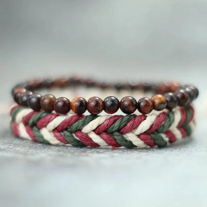Coconut Husk Wood Bracelet Set - Handmade Mens Lava  Tiger Eye Beaded Jewelry - ZOOMNSTORE