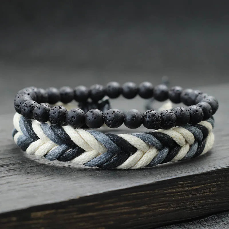 Coconut Husk Wood Bracelet Set - Handmade Mens Lava  Tiger Eye Beaded Jewelry - ZOOMNSTORE