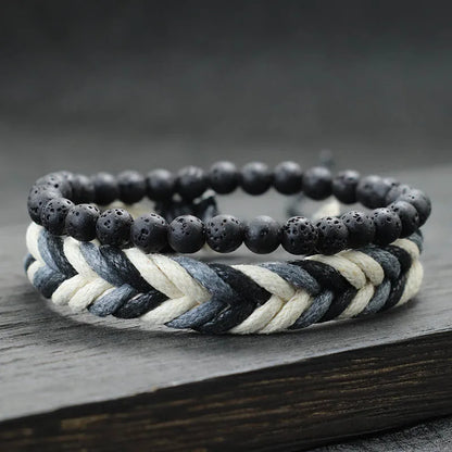 Coconut Husk Wood Bracelet Set - Handmade Mens Lava  Tiger Eye Beaded Jewelry - ZOOMNSTORE