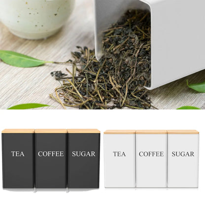 3Pcs Coffee Bean Storage Jar Coffee Sugar and Tea Storage Container with Bamboo Lid Simple Metal Kitchen Storage Supplies - ZOOMNSTORE