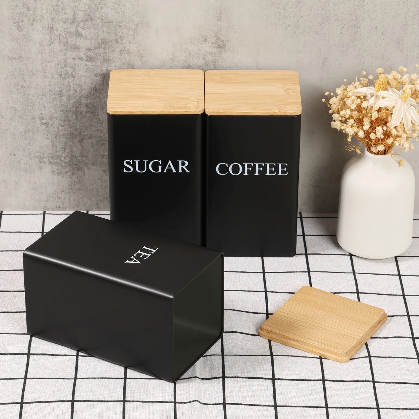 3Pcs Coffee Bean Storage Jar Coffee Sugar and Tea Storage Container with Bamboo Lid Simple Metal Kitchen Storage Supplies - ZOOMNSTORE