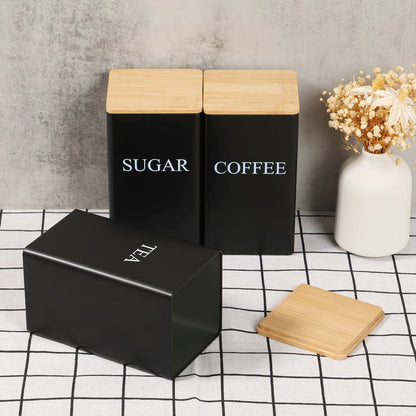 3Pcs Coffee Bean Storage Jar Coffee Sugar and Tea Storage Container with Bamboo Lid Simple Metal Kitchen Storage Supplies - ZOOMNSTORE