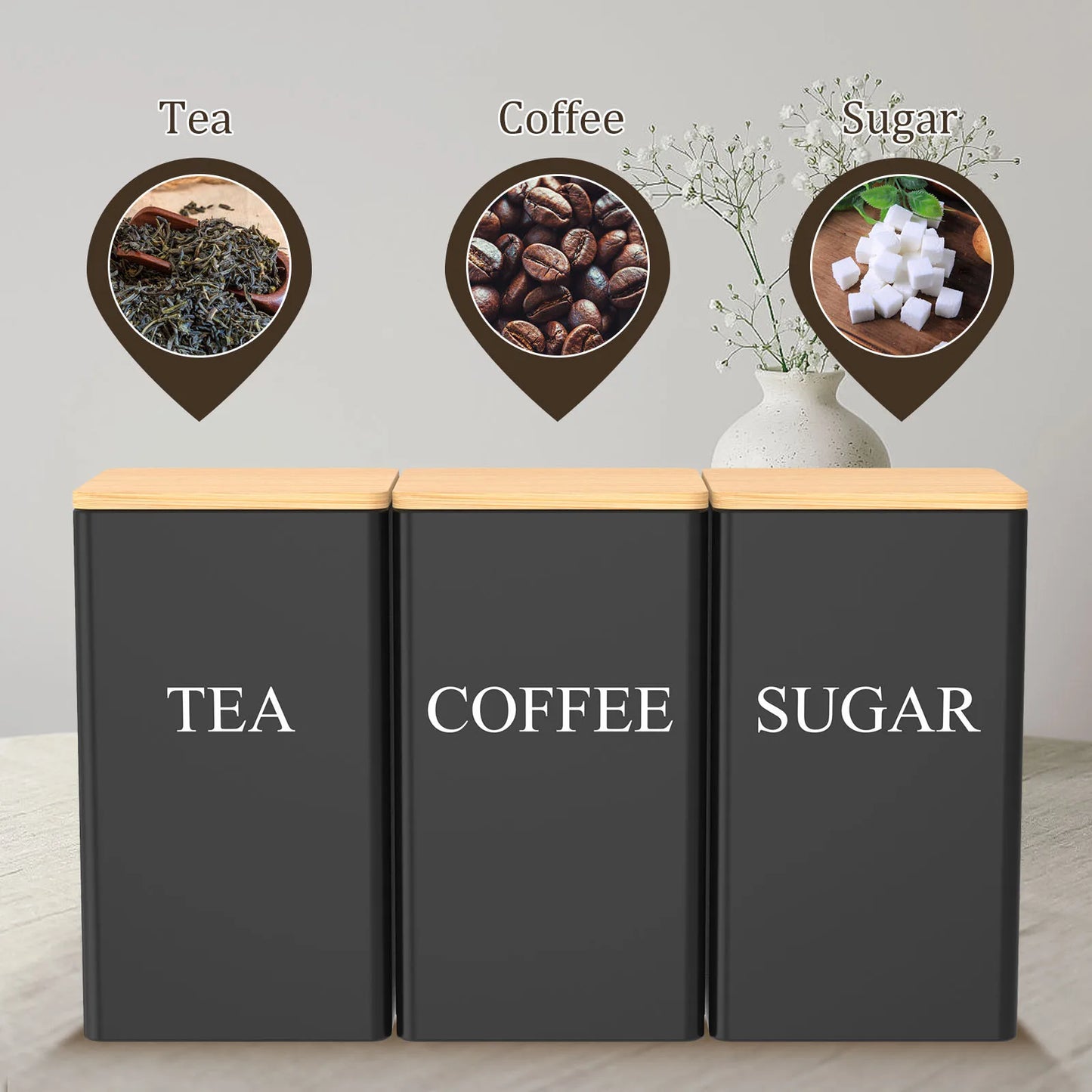 3Pcs Coffee Bean Storage Jar Coffee Sugar and Tea Storage Container with Bamboo Lid Simple Metal Kitchen Storage Supplies - ZOOMNSTORE