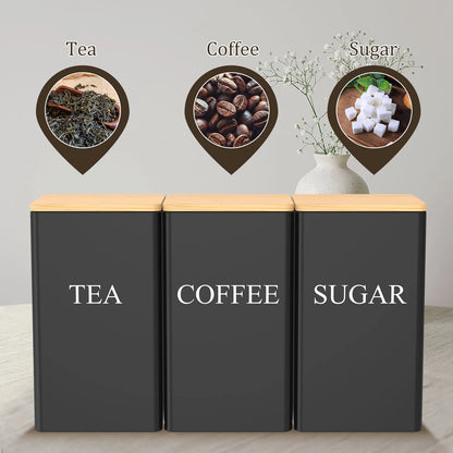 3Pcs Coffee Bean Storage Jar Coffee Sugar and Tea Storage Container with Bamboo Lid Simple Metal Kitchen Storage Supplies - ZOOMNSTORE