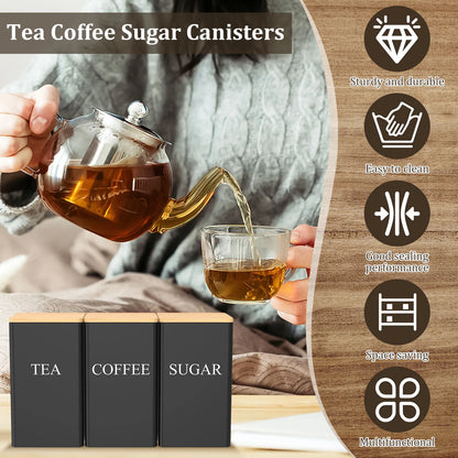 3Pcs Coffee Bean Storage Jar Coffee Sugar and Tea Storage Container with Bamboo Lid Simple Metal Kitchen Storage Supplies - ZOOMNSTORE