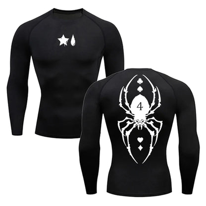 Compression Shirt Men - Spider Print Long Sleeve Gym Tee with Muscle Support - ZOOMNSTORE