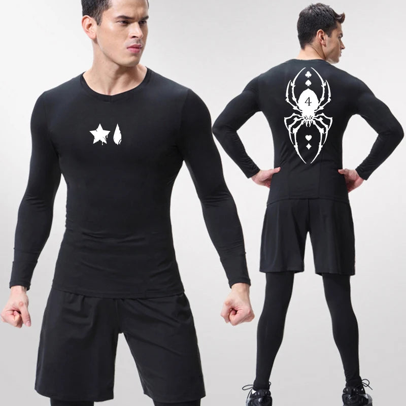 Compression Shirt Men - Spider Print Long Sleeve Gym Tee with Muscle Support - ZOOMNSTORE
