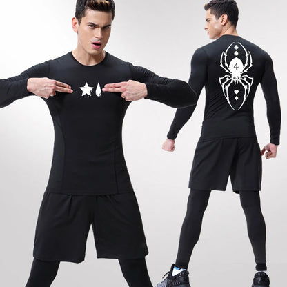 Compression Shirt Men - Spider Print Long Sleeve Gym Tee with Muscle Support - ZOOMNSTORE