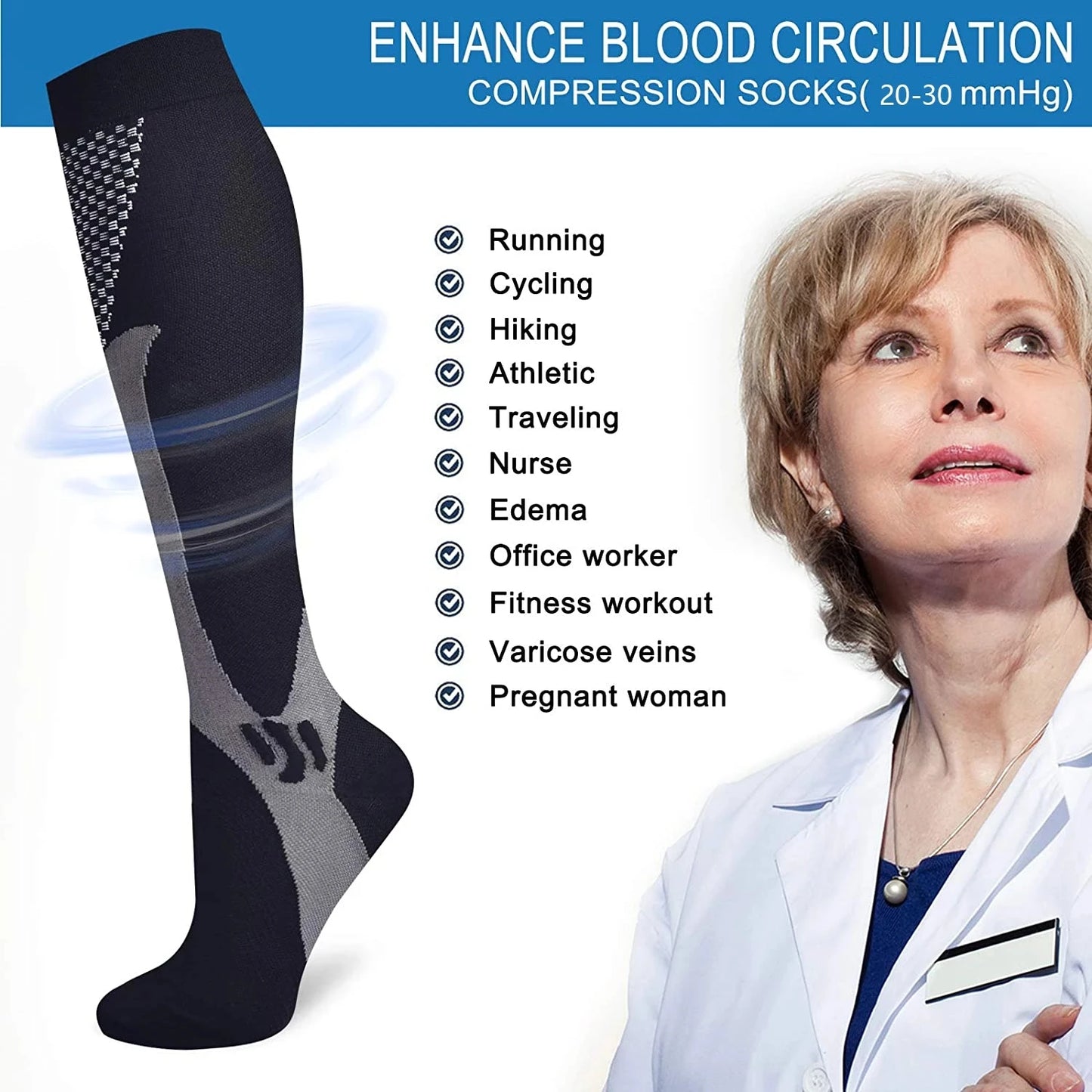 Compression Socks For Running & Sport - 20-30 mmHg Knee High Black Anti Fatigue - ZOOMNSTORE