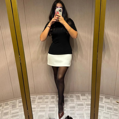 Contrast Color Mini Dress - Women's Slim High Neck Patchwork Party Dress - ZOOMNSTORE