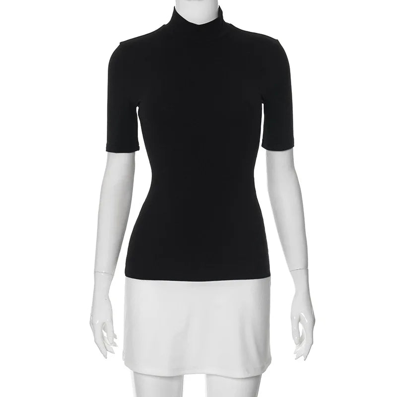 Contrast Color Mini Dress - Women's Slim High Neck Patchwork Party Dress - ZOOMNSTORE