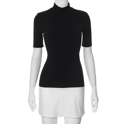 Contrast Color Mini Dress - Women's Slim High Neck Patchwork Party Dress - ZOOMNSTORE