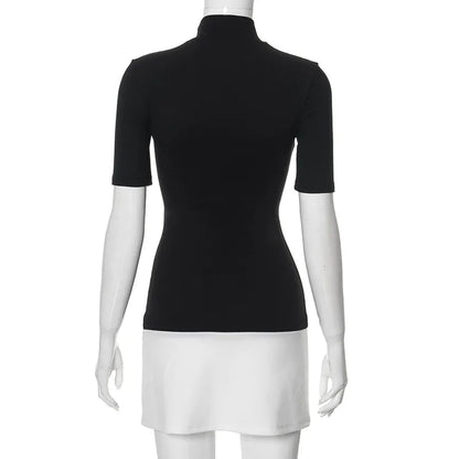 Contrast Color Mini Dress - Women's Slim High Neck Patchwork Party Dress - ZOOMNSTORE