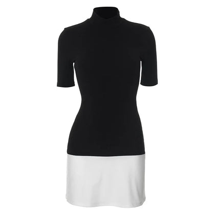 Contrast Color Mini Dress - Women's Slim High Neck Patchwork Party Dress - ZOOMNSTORE