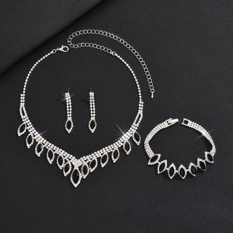 Copper Jewelry Set - Elegant Earrings Necklace Bracelet with Black Water Droplet Pendant and Rhinestone Inlay - ZOOMNSTORE