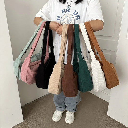 Corduroy Crossbody Bag - Large Capacity Women Shoulder Bag With Zipper Closure - ZOOMNSTORE