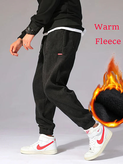 Corduroy Jogger Pants - Men's Thermal Sweatpants With Elastic Waist & Patchwork Design - ZOOMNSTORE