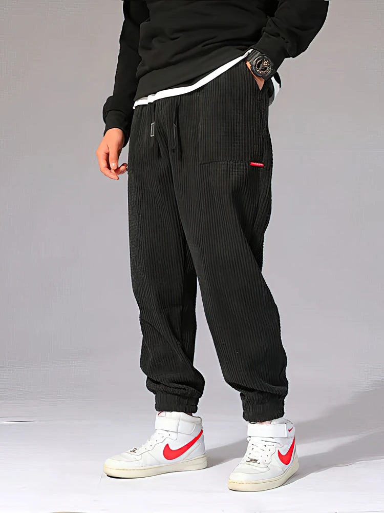 Corduroy Jogger Pants - Men's Thermal Sweatpants With Elastic Waist & Patchwork Design - ZOOMNSTORE