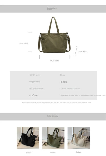 Corduroy Shoulder Bag - Large Capacity Crossbody Zipper Closure Purse - ZOOMNSTORE