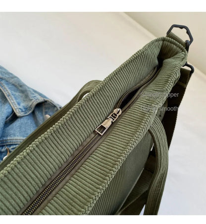 Corduroy Shoulder Bag - Large Capacity Crossbody Zipper Closure Purse - ZOOMNSTORE