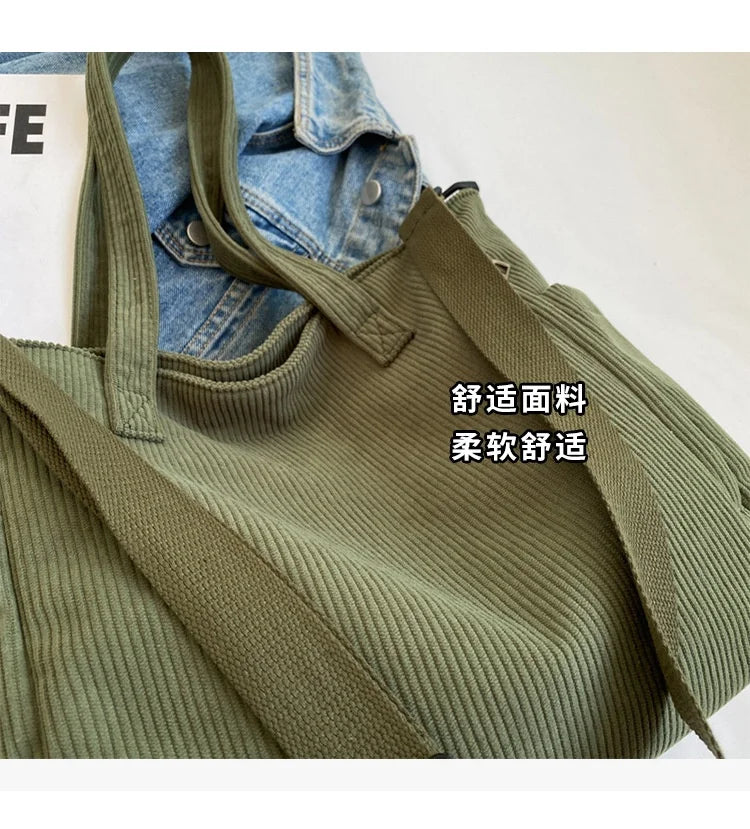 Corduroy Shoulder Bag - Large Capacity Crossbody Zipper Closure Purse - ZOOMNSTORE