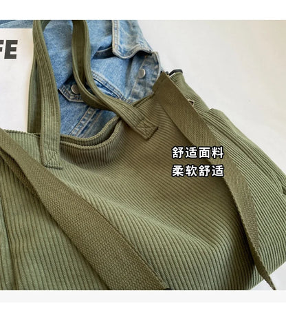Corduroy Shoulder Bag - Large Capacity Crossbody Zipper Closure Purse - ZOOMNSTORE
