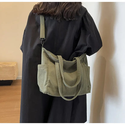 Corduroy Shoulder Bag - Large Capacity Crossbody Zipper Closure Purse - ZOOMNSTORE