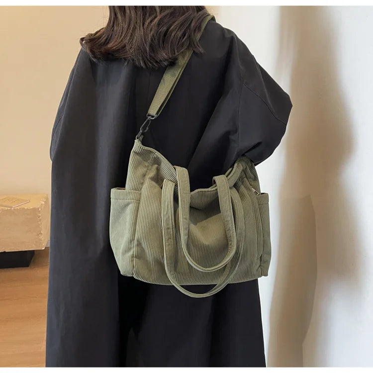 Corduroy Shoulder Bag - Large Capacity Crossbody Zipper Closure Purse - ZOOMNSTORE