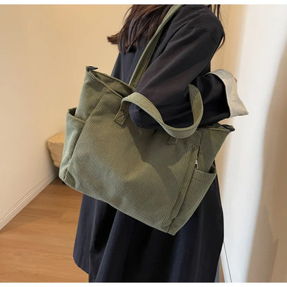 Corduroy Shoulder Bag - Large Capacity Crossbody Zipper Closure Purse - ZOOMNSTORE