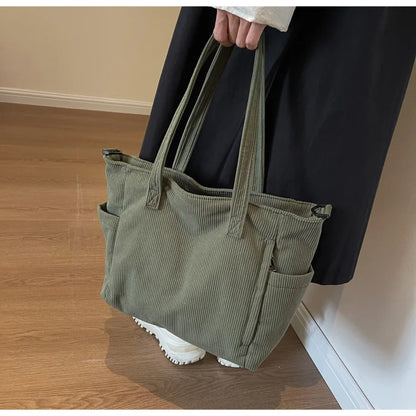 Corduroy Shoulder Bag - Large Capacity Crossbody Zipper Closure Purse - ZOOMNSTORE