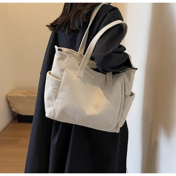 Corduroy Shoulder Bag - Large Capacity Crossbody Zipper Closure Purse - ZOOMNSTORE