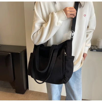 Corduroy Shoulder Bag - Large Capacity Crossbody Zipper Closure Purse - ZOOMNSTORE
