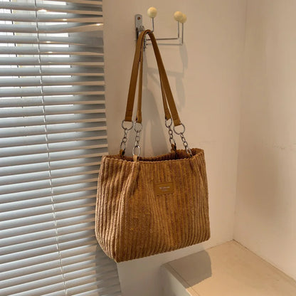 Corduroy Shoulder Handbag – Women's Soft Cotton Shopping Bag With Zipper Closure - ZOOMNSTORE