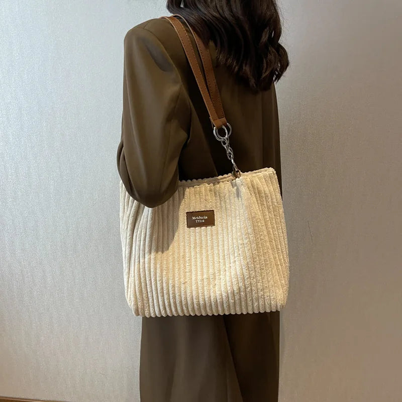 Corduroy Shoulder Handbag – Women's Soft Cotton Shopping Bag With Zipper Closure - ZOOMNSTORE