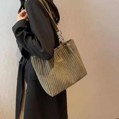 Corduroy Shoulder Handbag – Women's Soft Cotton Shopping Bag With Zipper Closure - ZOOMNSTORE