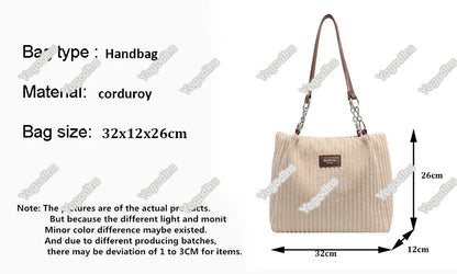 Corduroy Shoulder Handbag – Women's Soft Cotton Shopping Bag With Zipper Closure - ZOOMNSTORE