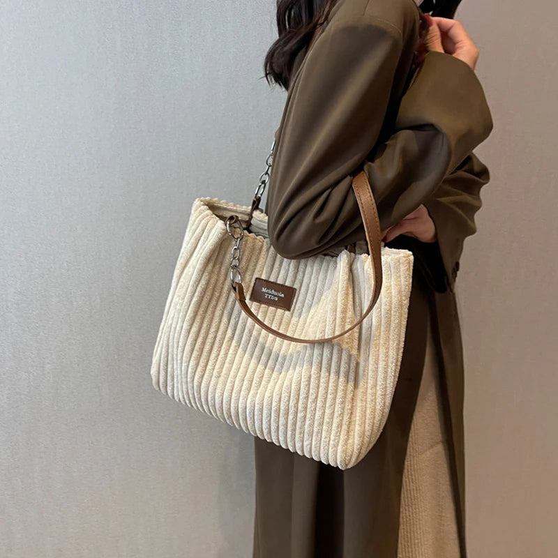 Corduroy Shoulder Handbag – Women's Soft Cotton Shopping Bag With Zipper Closure - ZOOMNSTORE