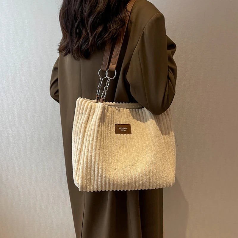 Corduroy Shoulder Handbag – Women's Soft Cotton Shopping Bag With Zipper Closure - ZOOMNSTORE